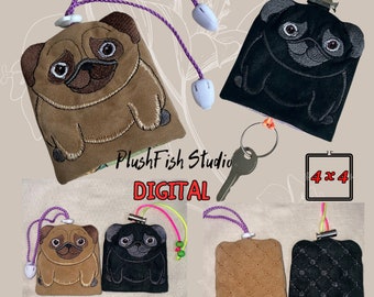 Diseño de bordado para llavero de Pug ITH, bastidor de 4 x 4 (descarga digital)