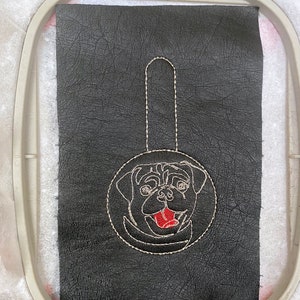 ITH Pug key fob machine embroidery design. Pug face embroidery. Key chain, snap tab in the hoop embroidery design. For the hoop 4x4 image 2