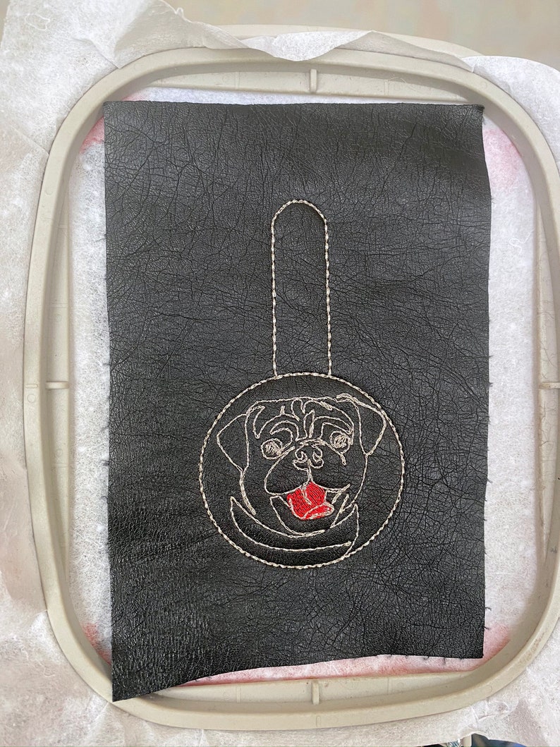 ITH Pug key fob machine embroidery design. Pug face embroidery. Key chain, snap tab in the hoop embroidery design. For the hoop 4x4 image 2