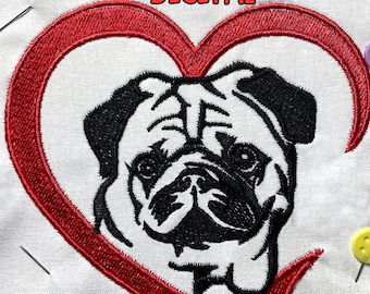 Diseño de bordado de cara de pug con corazón (bastidor de 5x7) (descarga digital)
