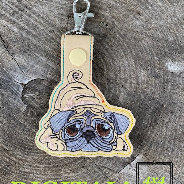 ITH Pug keyfob machine embroidery design. Sad cute pug embroidery. Keyfob, snap tab in the hoop embroidery design. For the hoop 4x4