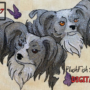May include: Embroidered design of two gray and white papillon dogs with purple butterflies. The design is labeled "PlushFish Studio DIGITAL" and "5x7".