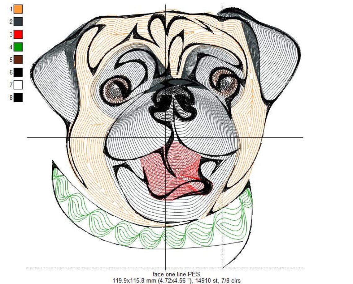 Pug embroidery design. Pug face 3D effect. Pug machine Etsy