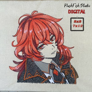 Diluc Ragnvindr Genshin Anime machine embroidery design. Diluc portrait embroidery design. Digital pattern. For the hoop 7x7 and bigger
