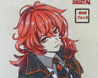 Diseño de bordado de anime Diluc Ragnvindr: Retrato de Genshin (7x7+ aro) (Patrón digital)