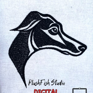 May include: Black and white digital embroidery design of a dog's head. The design is 5x7 inches and is labeled "PlushFish Studio DIGITAL".