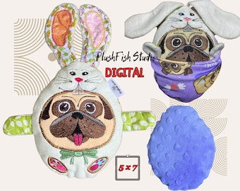 Diseño bordado de peluche reversible de huevo de Pascua ITH Pug (5x7) (Descarga digital)