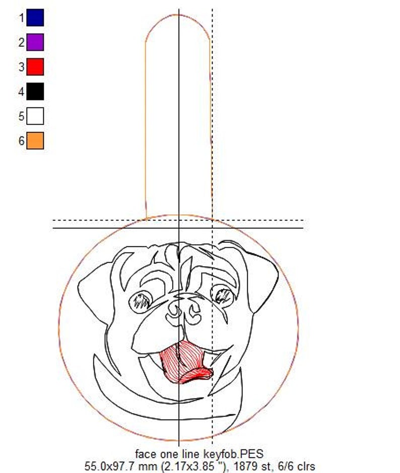 ITH Pug key fob machine embroidery design. Pug face embroidery. Key chain, snap tab in the hoop embroidery design. For the hoop 4x4 image 5