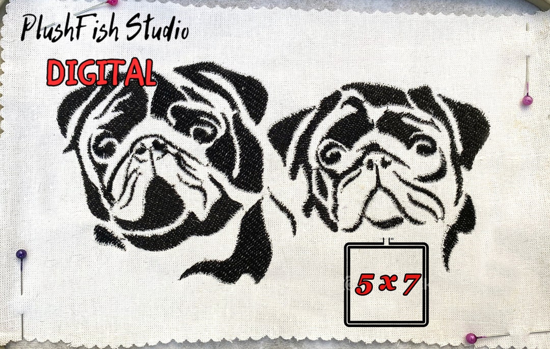 Pug Face Logo Embroidery Design: Two Pugs Silhouette (5x7 Hoop ...