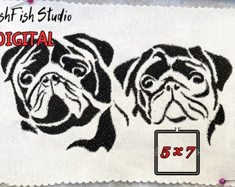 Diseño de bordado de logo de cara de carlino: silueta de dos carlinos (aro de 5x7) (descarga digital)