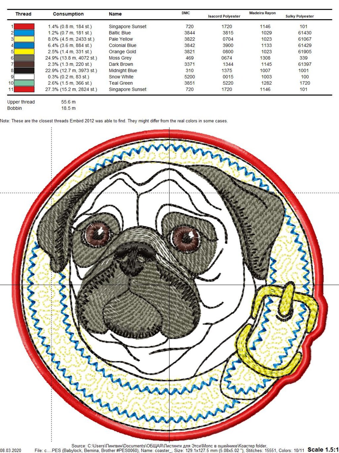 Ith pug coaster embroidery design pug machine embroidery pug  etsy