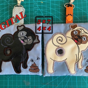 ITH Mops Poop Beutel Spender Maschine Stickerei Design. Poop Bag Halter Muster. Mops Rehkitz und schwarz. Poop Taschenhalter Design. Reifen 5x7 und 4x4