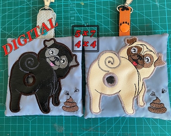 ITH Mops Poop Beutel Spender Maschine Stickerei Design. Poop Bag Halter Muster. Mops Rehkitz und schwarz. Poop Taschenhalter Design. Reifen 5x7 und 4x4