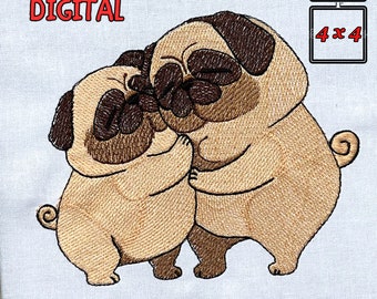 Diseño de bordado "Abrazo de Pug", adorables pugs, 5x7 4x4 (archivo digital)