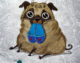 Diseño de bordado de Pug con pantuflas (bastidor de 5x7) (descarga digital)
