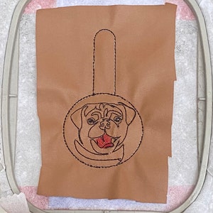 ITH Pug key fob machine embroidery design. Pug face embroidery. Key chain, snap tab in the hoop embroidery design. For the hoop 4x4 image 3