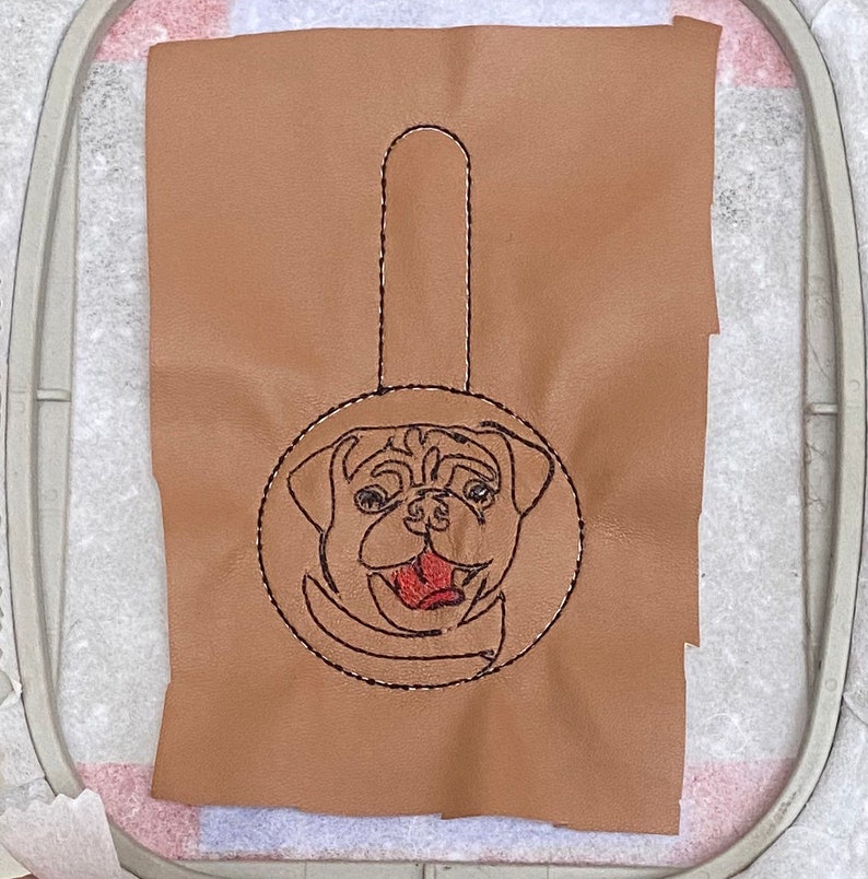 ITH Pug key fob machine embroidery design. Pug face embroidery. Key chain, snap tab in the hoop embroidery design. For the hoop 4x4 image 3
