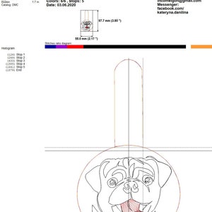 ITH Pug key fob machine embroidery design. Pug face embroidery. Key chain, snap tab in the hoop embroidery design. For the hoop 4x4 image 4