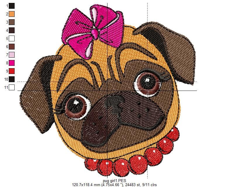 Pug Embroidery Design. Pug Girl. Pug Machine Embroidery - Etsy Hong Kong