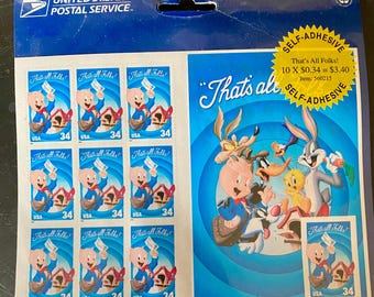 May include: A sheet of 10 self-adhesive postage stamps featuring a cartoon character with the text "That's All Folks!" and "USA 34".