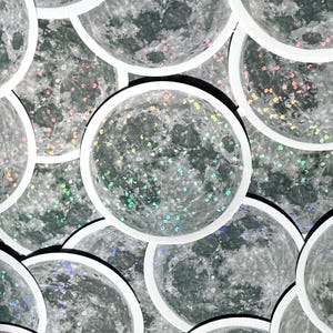 Sticker lune pailleté, sticker céleste, papeterie lunaire holographique, esthétique sorcière, sticker galaxie cosmique, joli cadeau astrologie