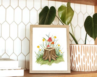 Mushroom Art Print, Woodland Nature Painting, Fairycore Garden Wall Decor