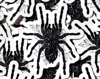 Floral Tarantula Sticker, Gothic Halloween Vinyl Decal, Insect Stationary