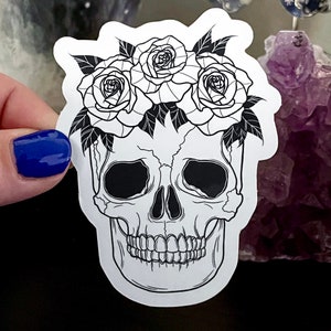 Skull With Flower Crown Sticker, Gothic Memento Mori Vinyl Decal, Dark Botanical Stationary, Spooky Floral Aesthetic Art