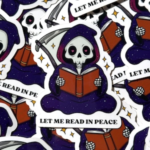 Pegatina de Grim Reaper leyendo, Déjame leer en paz, Pegatina gótica de libros, Pegatina estética espeluznante, Arte colorido de Reaper