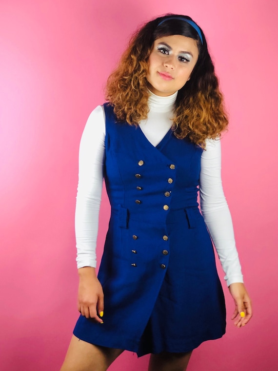 Vintage 60s Blue Button Pinafore Dress