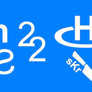 May include: White text on a blue background. The text reads "Jh 22 S2 22" and "H" with a circle around it. Below the circle is a white knife with the text "skr" on the handle.
