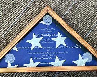 Veteran/Retirement Flag display case with custom Laser Etched Glass.