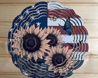 Molinillo de viento con estampado de girasol patriótico de 8 pulgadas con percha.