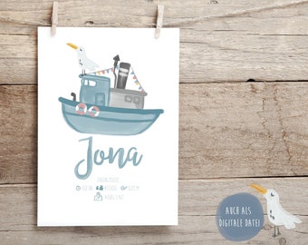 Birth Poster, Birth Announcement, Birth Dates, Personalized Poster/Picture of Birth, Poster Children's Room, Baptism, Boat & Seagull