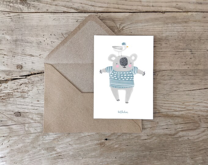 Postcard, Greeting Card A6, Blue, Koala, Sea & Seagull