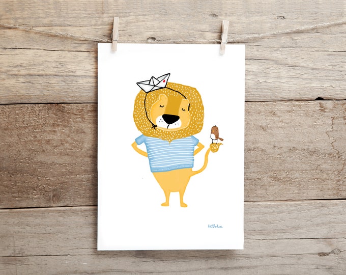 Poster, Poster A4, Picture, Children's Picture, Wall Decor, Nursery, Blue, Yellow, Lion, Paper Boat & Sea