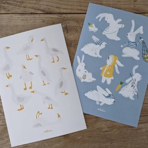 Postkarten-Set, Poster A5, Grußkarten, Gänse, Hasenbande & Meer