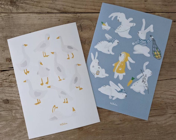 Postcard set, poster A5, greeting cards, geese, rabbit gang & sea