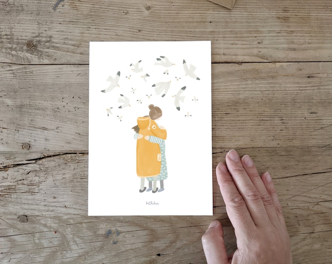 Postcard, Poster A5, Greeting Card, Greetings, Hug, Longing, Birds, Seagulls, Mother & Daughter