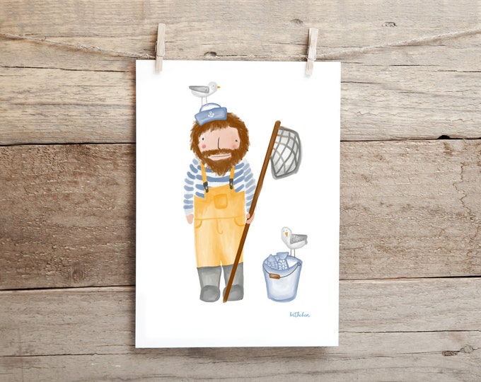 Poster, poster A4, picture, children's picture, wall decoration, children's room, blue, yellow, fisherman, sailor, fish, seagull & sea