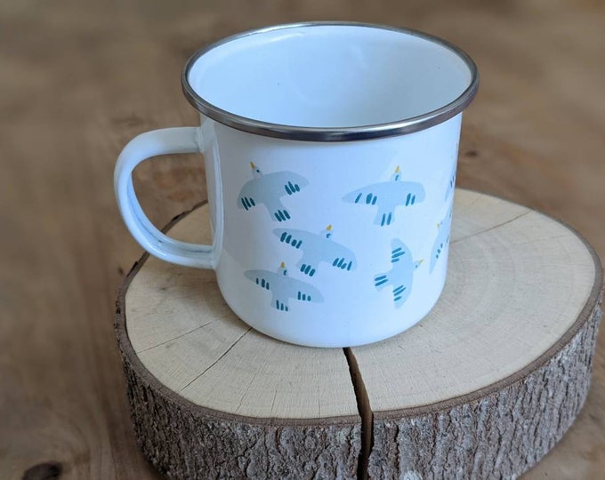 Enamel, metal cup, mug, birds, seagulls & sea
