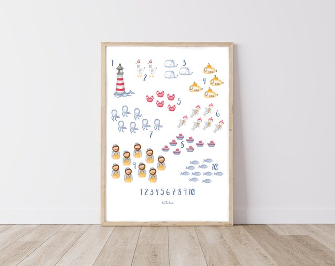 Poster Numbers, Learn Numbers, Children's Picture, Lake, Ocean, Sea, Seafarer, Seal, Seagull, Lighthouse, Montessori, Children's Room,