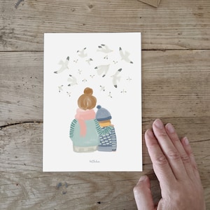 Postkarte, Poster A5, Grußkarte, Grüße, Vögel, Möwen, Mutter & Sohn