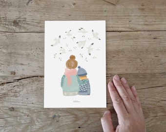 Postcard, Poster A5, Greeting Card, Greetings, Birds, Seagulls, Mother & Son