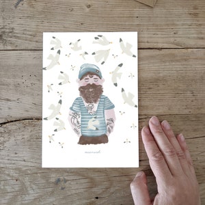 Postkarte "Kalle", Poster A5, Grußkarte, Meerweh, Vögel, Möwen, Seemann & Tattoos