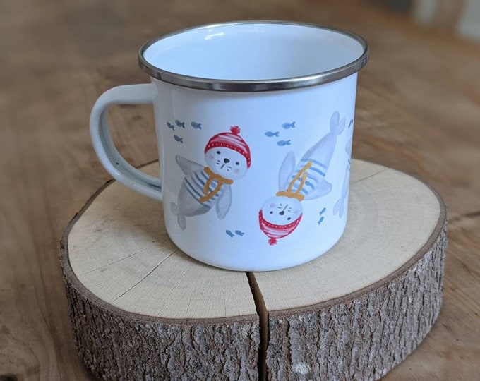 Enamel, Metal Mug, Mug, Children's Mug, Seals, Seals, Fish & Sea