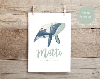 Birth Poster, Birth Announcement, Birth Dates, Personalized Poster/Picture of Birth, Poster Nursery, Baptism, Whale & Goose