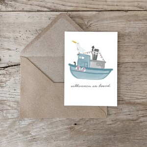Karte zur Geburt, Geburtskarte, Postkarte,  Glückwunsch, Geschenk, Geburt, Hallo Baby, Willkommen, Boot & Möwe