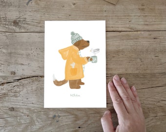 Postcard, Poster A5, Greeting Card, Sea, Seal, Dog, Seagull & Coffee