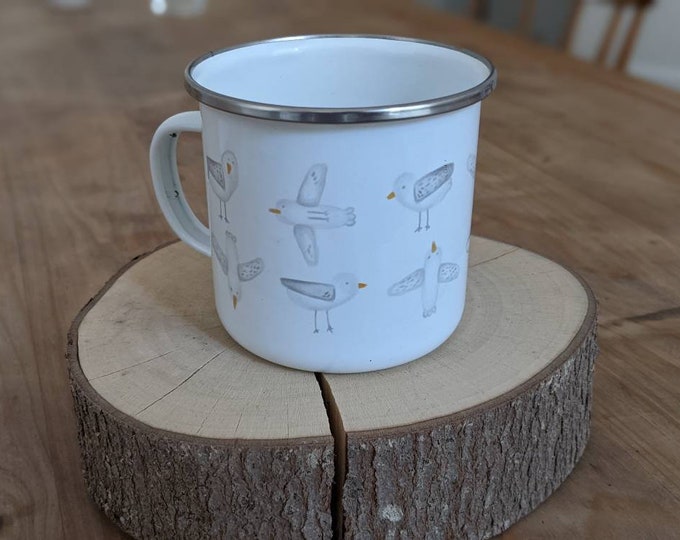 Enamel, metal cup, mug, birds, seagulls & sea